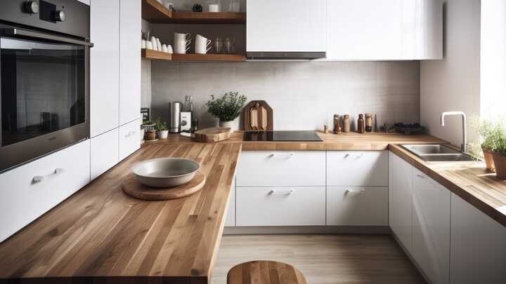 small open plan kitchen with wooden work surfaces