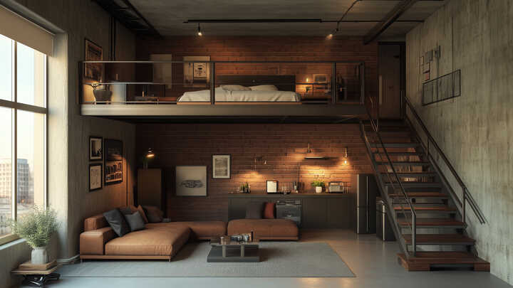 small home mezzanine, industrial style interior design